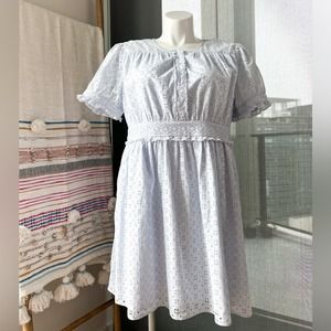 J. Crew Light Blue Eyelet Button Front Short Puff Sleeves Dress Women’s Size 18